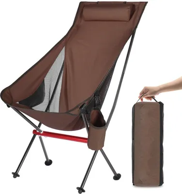 Image de (Marron) Chaise de camping d'extérieur à haut dossier Chaise complète en alliage d'aluminium Chaise pliante portable avec sac de transport et poches latérales pour la pêche en plein air Randonnée Pique-nique