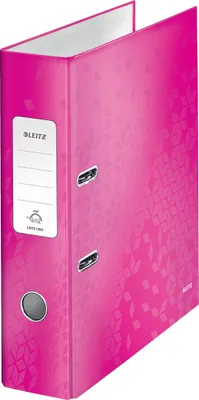 A pink metallic Leitz lever arch file is shown against a white background.