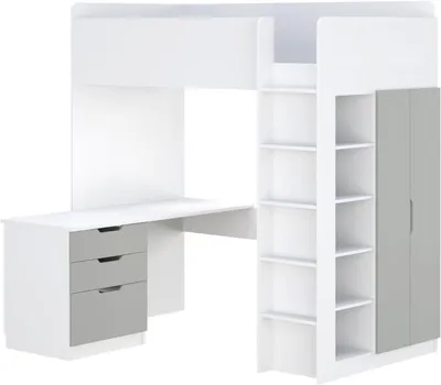 Produktbild von Shefa-Kids Kinder Hochbett Grau, Modern, Platzsparend, Liegefläche 90x200 cm, Gesamtmaße 206 x 107.9 x 199.3 cm (L x B x H), 5-in-1-Lösung mit Kleiderschrank, Schreibtisch, Regal, Unterschrank, bis 90 kg, ohne Matratze