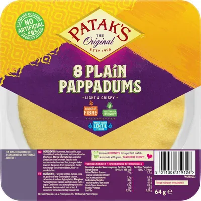 Produktbild von Patak's Pappadums Naturel Kant-en-Klaar 64g – Knusprige indische Linsencracker
