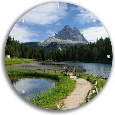Produktbild von Wallario rundes Outdoor-Poster für Garten oder Balkon, Motiv See in Berglandschaft, 30 cm Durchmesser