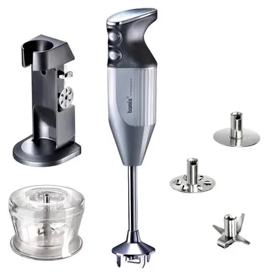 Obrázek produktu pro Mixér Bamix DeLuxe 200W, profesionální motor, mlecí nástavec, stojan DeLuxe, 3 nože, stříbrná