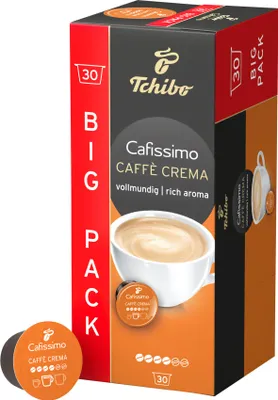 A box of Tchibo Cafissimo Caffè Crema coffee capsules, with one capsule shown separately.