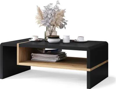 Produktbild von All4All Couchtisch Figo , kleiner Kaffeetisch , Wohnzimmertisch , Sofatisch mit Brett , Sofatisch , 100x60cm , 05 , Schwarz & Gold Craft Eiche