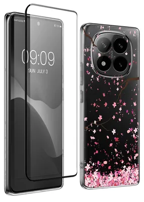 Produktbild von kwmobile Hülle kompatibel mit Xiaomi Redmi Note 14 Pro 5G / Poco X7 Handyhülle - Silikon Case transparent - Mit Glas Schutzfolie - Kirschblütenblätter