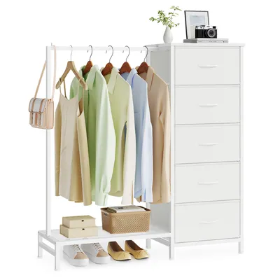 Produktbild von SONGMICS 3-in-1 Garderobenständer mit 5 Schubladen und Kleiderstange, 96,2 x 30 x 117,7 cm, Weiß