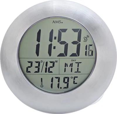 A digital clock displaying time, date, and temperature.