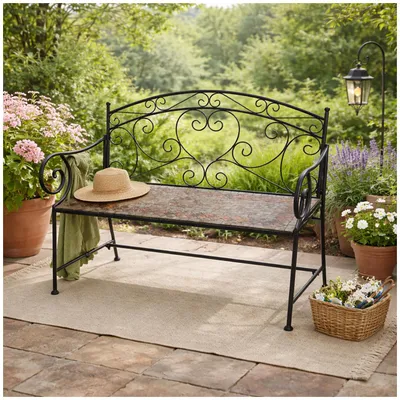 Produktbild von Metall Gartenbank mit Mosaik Sitzfläche Vintage Gartenbank 109 cm