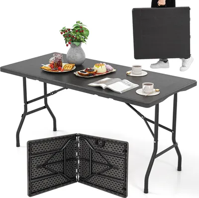 Image de Table de jardin COSTWAY 152 x 70 cm, table de camping pliable, table pliante avec plateau en PEHD et poignée de transport, table de balcon ou de buffet pour 4 à 6 personnes, noire