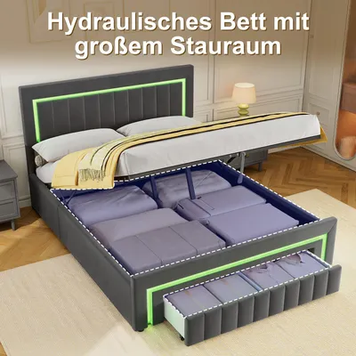 Produktbild von MODFU Boxspringbetten 180X200 Doppelbett mit Matratze,Bettkasten und Schubladen auf Rollen,Polsterbett mit LED-Kopfteil und Lattenrost,Grau