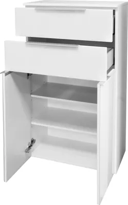 Zdjęcie produktu dla FACKELMANN KARA podwójna szafka środkowa / Szafka łazienkowa z systemem cichego domykania / Wymiary (szer. x wys. x gł.): ok. 61 x 107 x 32 cm / z szufladami i drzwiami / Korpus: biały matowy / Front: lakierowane szkło w kolorze białym