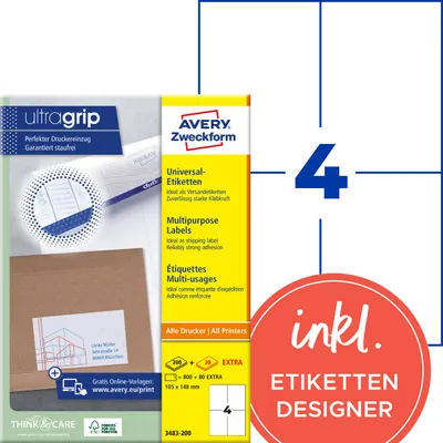 Produktbild von Avery Zweckform 3483-200, Universal-Etiketten, A4, Qualitätsdruck mit: ultragrip, 105 x 148 mm, 880 Etiketten / 220 Bögen, weiß
