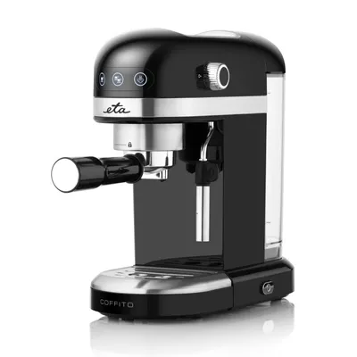 A studio shot of a black and silver espresso machine against a white background.