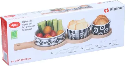 Produktbild von ALPINA Tapas-Set 4-teilig mit Keramikschalen und Holztablett, 35x12x4,8cm