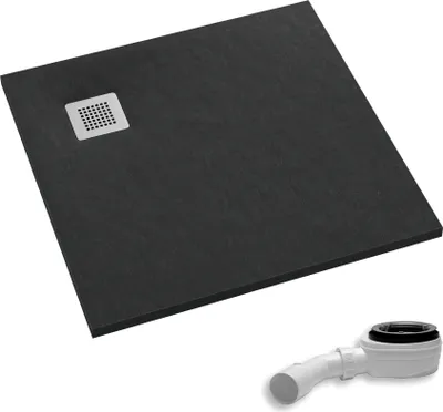 Produktbild von AQUABAD Duschwanne/Duschtasse Palast mit LeakProtect Technologie Black Stone 90x90cm Quadrat - Blende: polierter Stahl | inkl. Ablaufgarnitur/Siphon