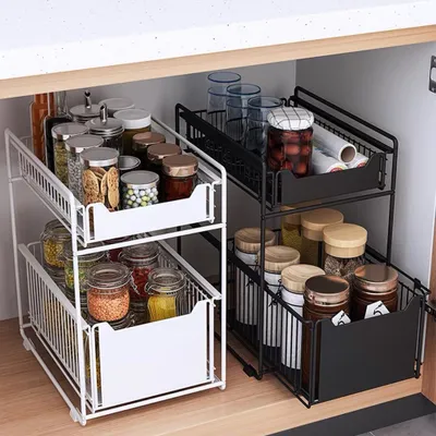Produktbild von 2er Set Küchenregal Schiebeschrank Korb Küchen-Unterschrankregal Unter Waschbecken Regal Gewürzregal für Badezimmer-Küchen-Arbeitsplatte Schwa