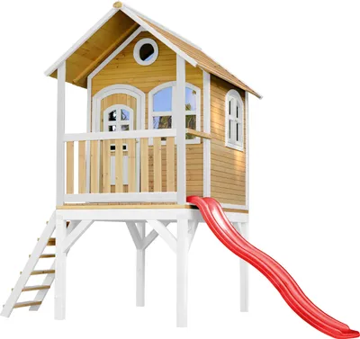 Produktbild von AXI Spielhaus Laura mit rote Rutsche | Stelzenhaus in Braun & Weiß aus Holz für Kinder | Spielturm mit Wellenrutsche für den Garten