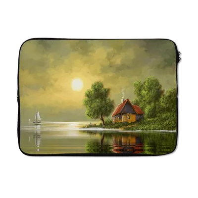 Produktbild von MuchoWow® Laptop Hülle 14 ZollGemälde - Ölfarbe - Haus - Natur - Wasser Laptoptasche - Laptoptasche - Stoßsicher - Schutzhaube