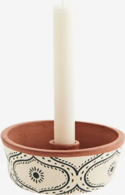 Produktbild von Handbemalter Kerzenhalter aus Tonware im Boho-Look, creme, anthrazit, natur, ca. D 15 x H 6 cm