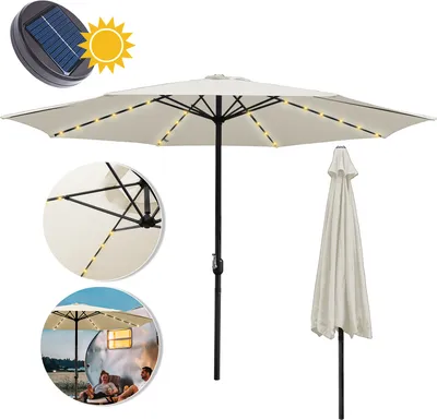 Image de Wolketon Parasol 3 m-3,5 m avec LED Parasol solaire avec manivelle UV40+ Parasol d'extérieur Terrasses, beige, 3,5 m