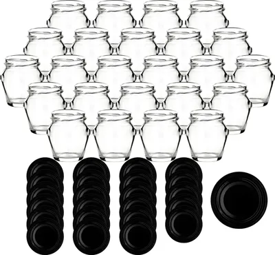 Produktbild von gouveo 24er Set Einmachgläser 106 ml Henkel mit Schraubverschluss schwarz - Kleines Vorratsglas mit Deckel für Marmelade und Selbstgemachtes