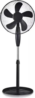 A black standing fan against a white background.