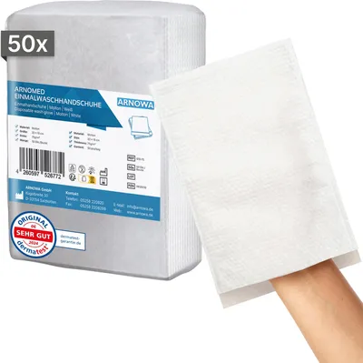 Produktbild von ARNOMED Einmalwaschhandschuhe aus Molton, 75g/m², Dermatest | Beutel (50 Stück)