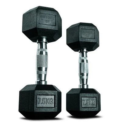 Produktbild von Matchu Sports Hantel Hexagon Set | 2 x 7,5 kg aus Gummi Ergonomische Verchromte Griffe | Dumbbell Set Kurzhantel Set Hanteln Kurzhanteln