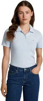 Produktbild von Tommy Hilfiger Damen Poloshirt Kurzarm Script Graphic Slim Fit, Blau (Breezy Blu