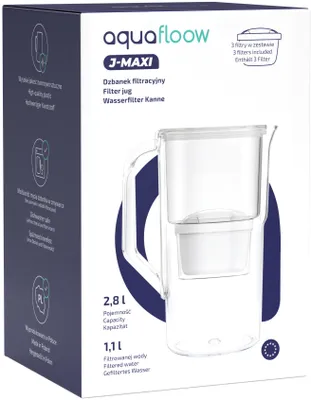 Zdjęcie produktu dla Filtrowy dzbanek AquaFloow J-MAXI, pojemność 2,5 litra, kolor biały, wraz z 3 wkładami filtrującymi AquaFloow Maxi