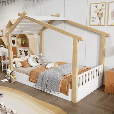 Produktbild von Kinderbett Holzhausdesign Kiefer + Spanplatte +MDF Jugendbett Holzbetten Einzelbett 90x200cm Weiß+Natur