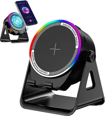 Produktbild von Multifunktionale Bluetooth-Lautsprecher, 4-in-1 drahtlose inductive Lautsprecher, RGB-Lamphalter, 360-Grad-Halter für iPhone/Android/iPad, schwarz