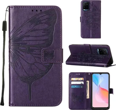 Produktbild von VIVO Y21 2021 Hülle, Schmetterling Prägung Flip Leder Kartenfächer Schutzhülle Ledertasche mit Ständer für VIVO Y21 2021 / Y33S Y21S Lila