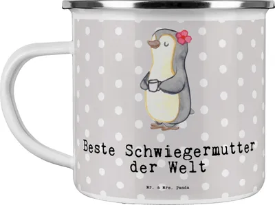 Produktbild von Mr. & Mrs. Panda Teetasse Pinguin Beste Schwiegermutter der Welt - Grau Pastell - Geschenk, Campingbecher, Geschenkidee, Pott, Mama, Dankeschön, becher emaille, Tasse