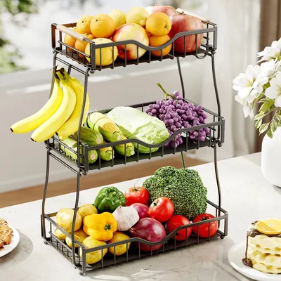 Obrázok produktu pre Ovocný kôš s 3 úrovňami, určený na kuchynskú linku, s 2 držiakmi na banány