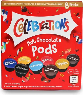 A box of Celebrations Hot Chocolate Pods, showing the packaging and individual pods.