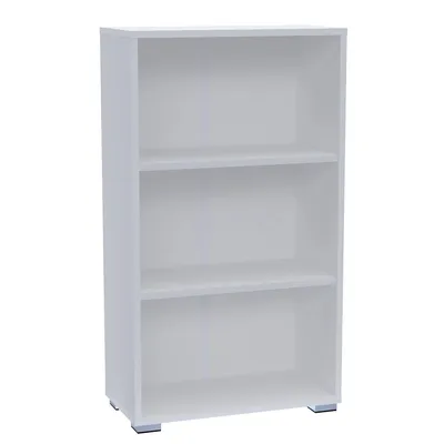A plain white three-shelf bookcase.