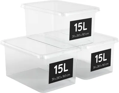 Obrázok produktu pre Úložné boxy s vrchnákom 15 l, priehľadné, polypropylén, stohovateľné, pre kanceláriu