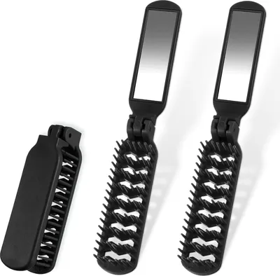 Image de lot de 2 brosses à cheveux de voyage pliantes noires avec miroir - Mini brosses compactes parfaites pour les voyages