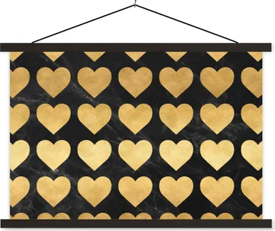 Produktbild von MuchoWow® Textilposter Muster - Herz - Gold - Schwarz 150x100 cm mit schwarzem Rahmen - Schlafzimmer