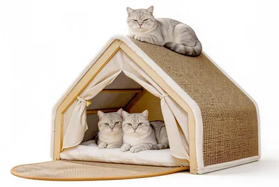Produktbild von Holz Katzenhaus mit Kratzbrett - 2-in-1 Katzenzelt für drinnen