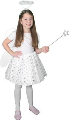 A young girl dressed as an angel, holding a star wand.