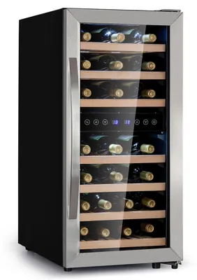 Produktbild von Klarstein Weinkühlschrank Freistehend, Kleiner Getränkekühlschrank Schmal, 2 Zonen Weinkühlschrank mit Glastür, Indoor/Outdoor Beersafe, Kühlschrank Klein mit LED-Lichter, 5-18°C, 33 Flaschen