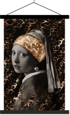 Produktbild von MuchoWow® Textilposter Das Mädchen mit dem Perlenohrring - Johannes Vermeer - Gold 60x90 cm mit schwarzem Rahmen - Poster Wohnzimmer