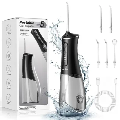 Obrázok produktu pre Prenosný ústny irigátor – 5 režimov – nádržka na vodu 350 ml – 5+ trysiek – nabíjateľný – USB-C – čierna farba