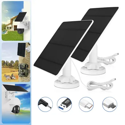 Produktbild von Solarpanel 2 Stück Solarnetzteil für Kamera IP65 360° Verstellbar 5W Solarmodule Kabel+Halter+USB+3.5mm DC+Typ-C(Nicht für Netzwerk-Kameras ohne Akku)