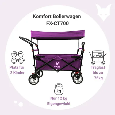 Produktbild von FUXLIFE by FUXTEC Bollerwagen faltbar FX-CT700 Purpur  klappbarer Handwagen für Ausflug & Alltag  gepolsterter Sitzbereich  mit Feststellbremsen Purpur