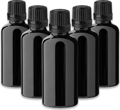 Produktbild von 5x Schwarze Glasflasche 50 ml mit schwarzem Tropfer Tropfeinsatz DIN18