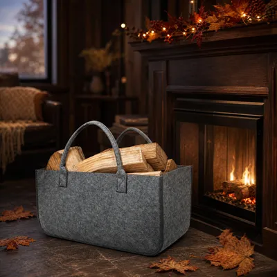 Image de NAIZY : Paniers pliables pour bois de chauffage, en feutre épais, lot de 10, couleur gris clair, avec poignée de transport robuste, gain de place lorsqu'ils ne sont pas s