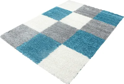 Produktbild von Teppich Wohnzimmer Hochflor Türkis 200x290 Rechteck Kariertes Design aus Polypropylen